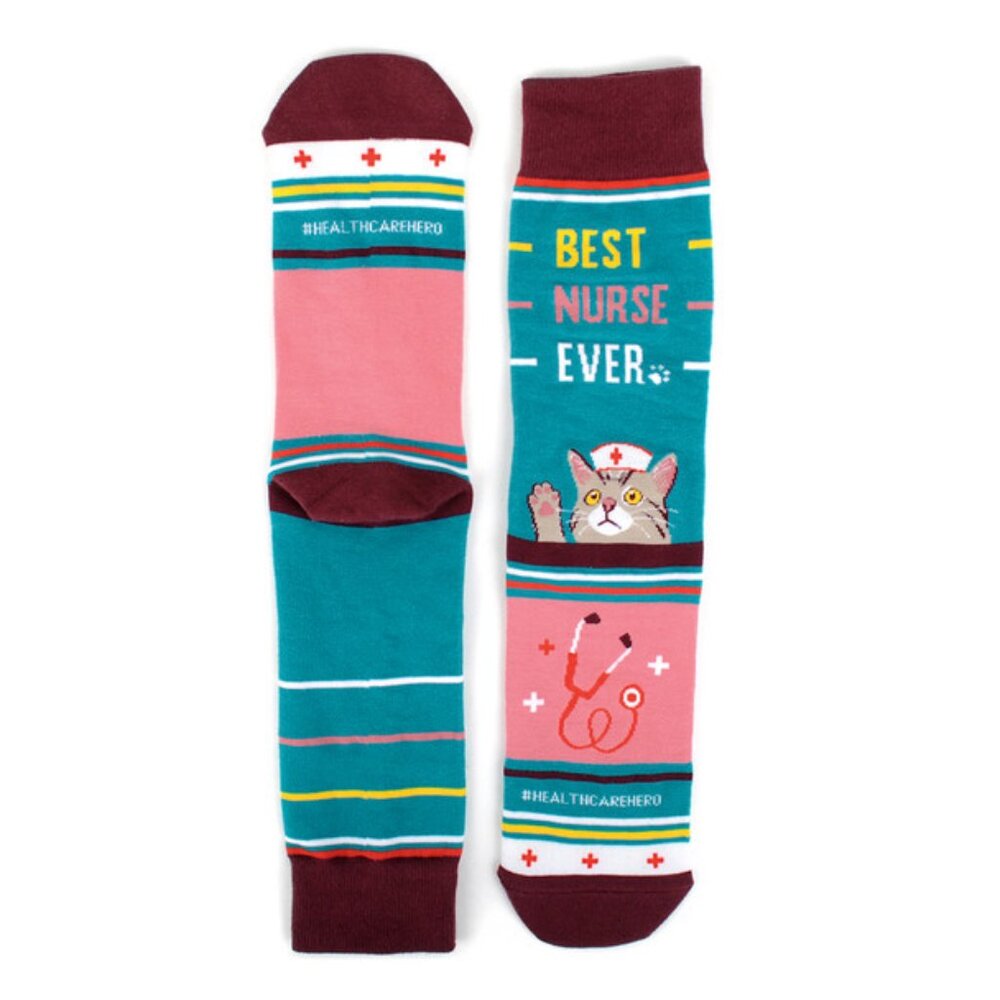 Men's Crew Socks -Health Worker Series- Best Nurse Ever W/ Cat - NWT